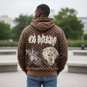 RARE VTG Y2K Ed Hardy Cristian Audigier Brown Checkerboard Hoodie Zip Up XXL NEW